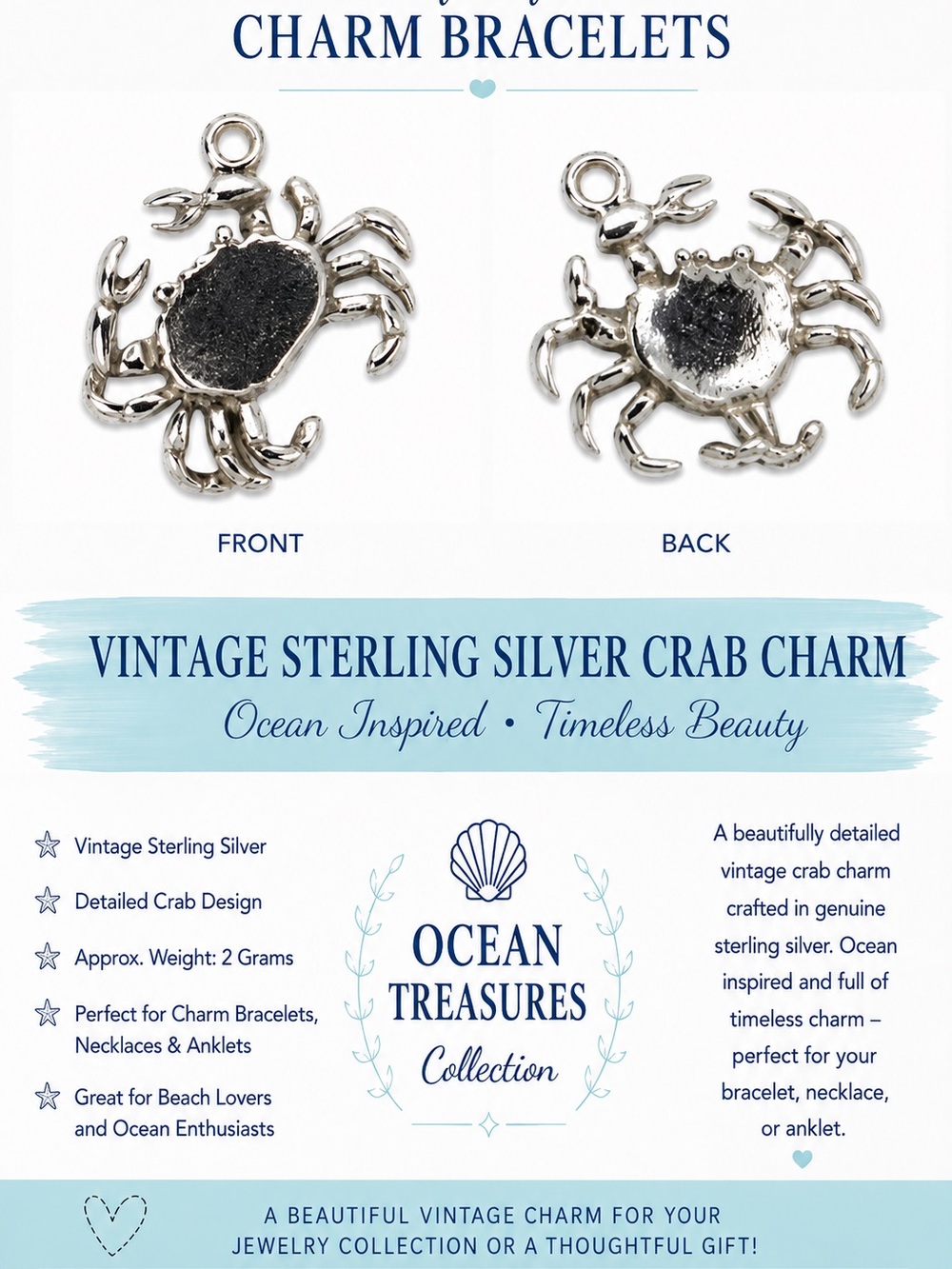 Vintage Sterling Silver Crab Charm - Ocean Treasures
